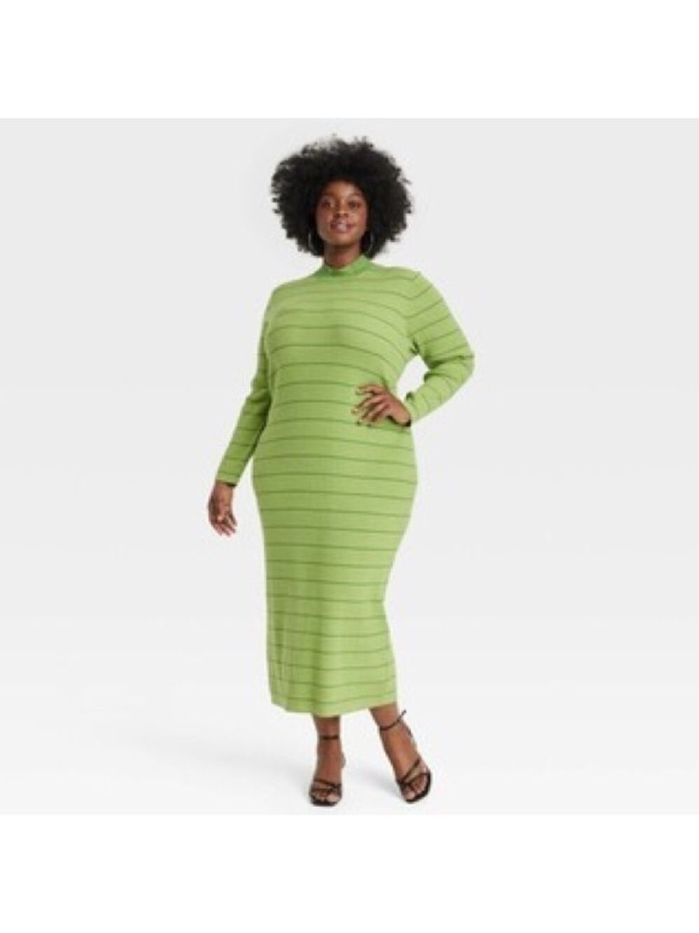 Size XL Chic Green Striped Long Sleeve Dress